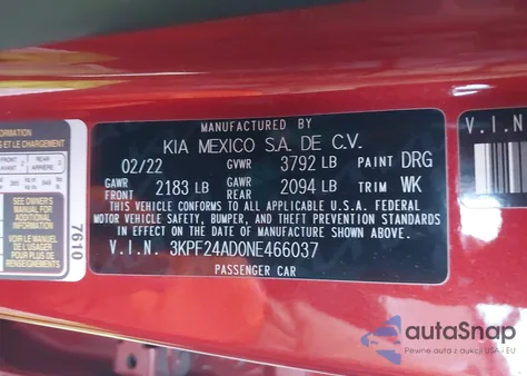 2022 Kia Forte Lxs из США, поврежденный, VIN 3KPF24AD0NE466037